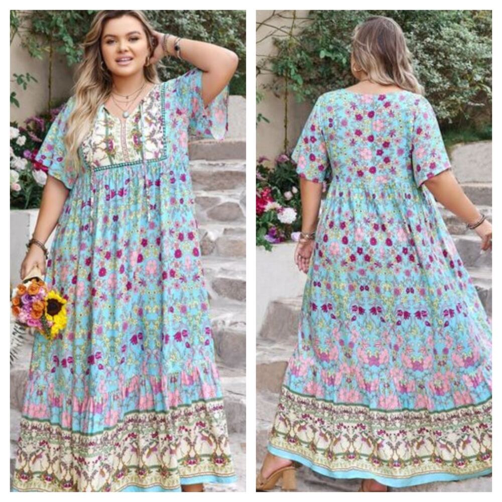 Rusttydustty Maxi Dress 3XL Blue Floral Bird Print Tie Neck Boho  Cottagecore